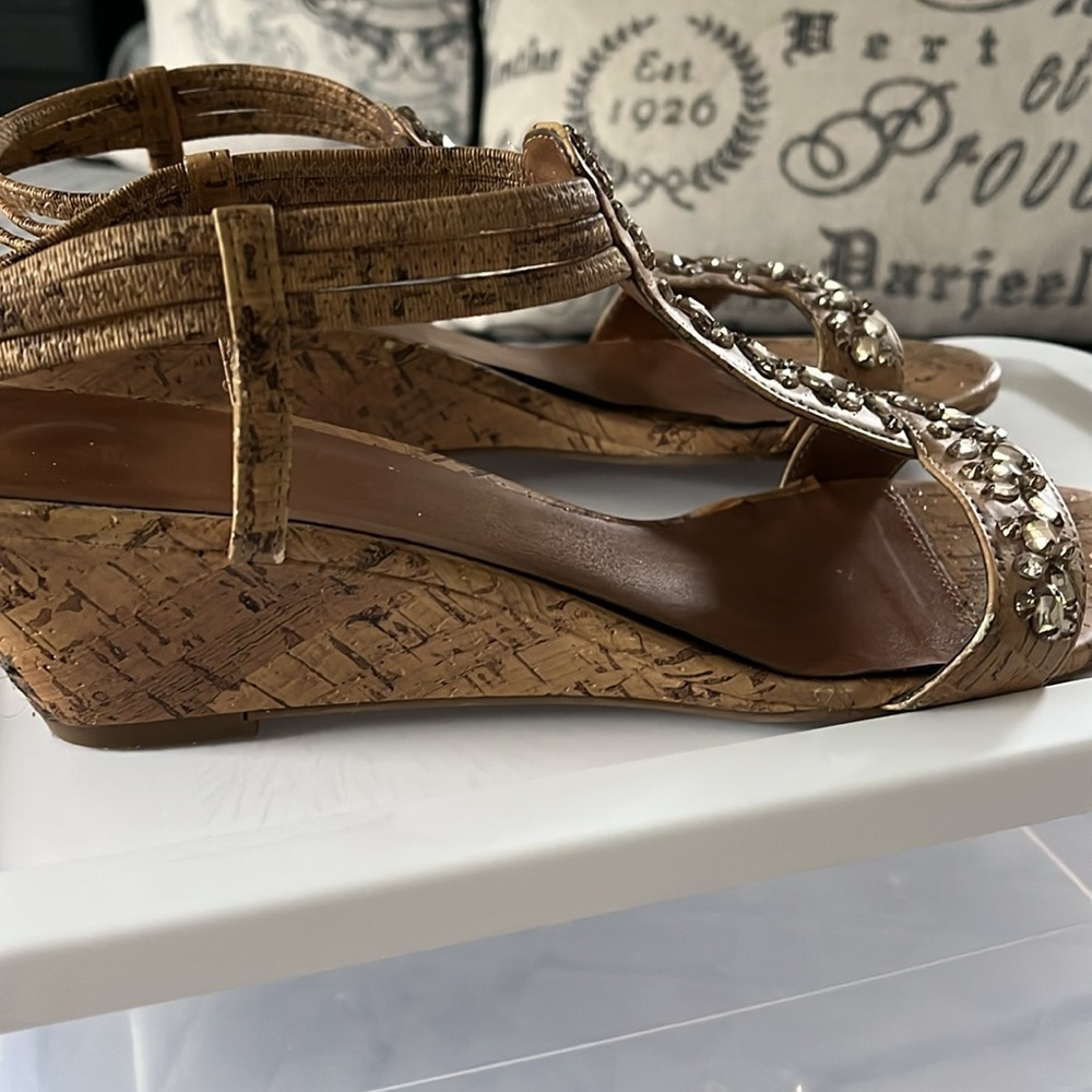 Attention Tan Wedge Sandals with Cork Heel - Picture 6 of 9